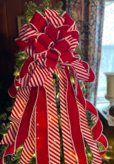 The Alma Red & White Peppermint Christmas Tree Topper Bow