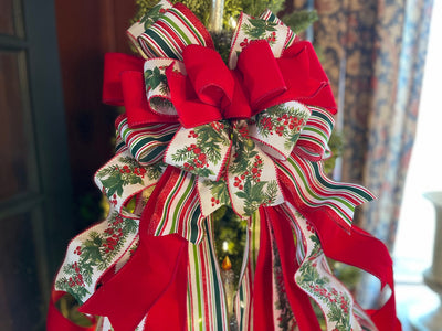 The Samara Red Green & White Christmas Tree Topper Bow