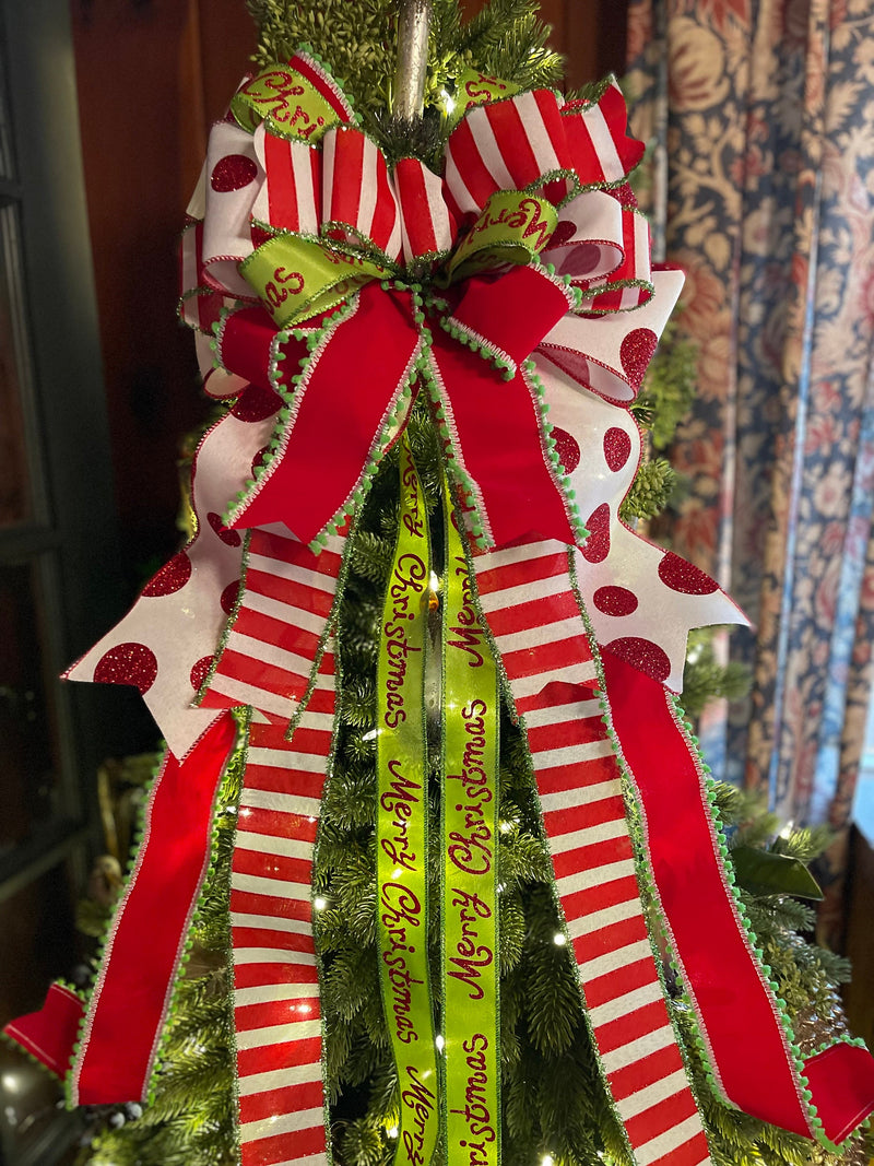 The Whoville Red White & Green Whimsical Christmas Tree Topper Bow