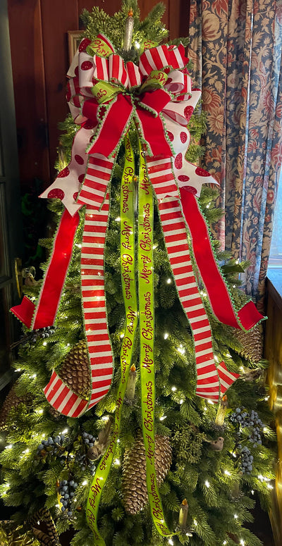 The Whoville Red White & Green Whimsical Christmas Tree Topper Bow