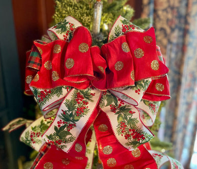 The Tamara Red Green & White Christmas Tree Topper Bow