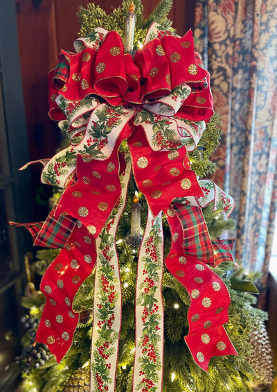 The Tamara Red Green & White Christmas Tree Topper Bow