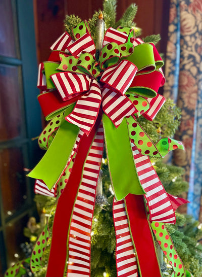 The Augustus Red & Lime Green Whimsical Christmas Tree Topper Bow