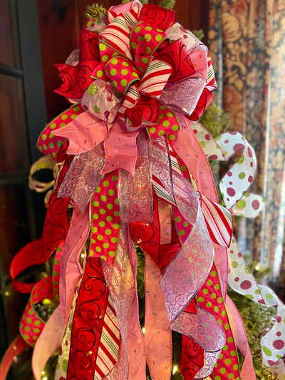 The Molly Pink Red & Lime Green Whimsical Christmas Tree Topper Bow, oversized bow, Candy tree topper, Grinch tree topper, tree trimming bow