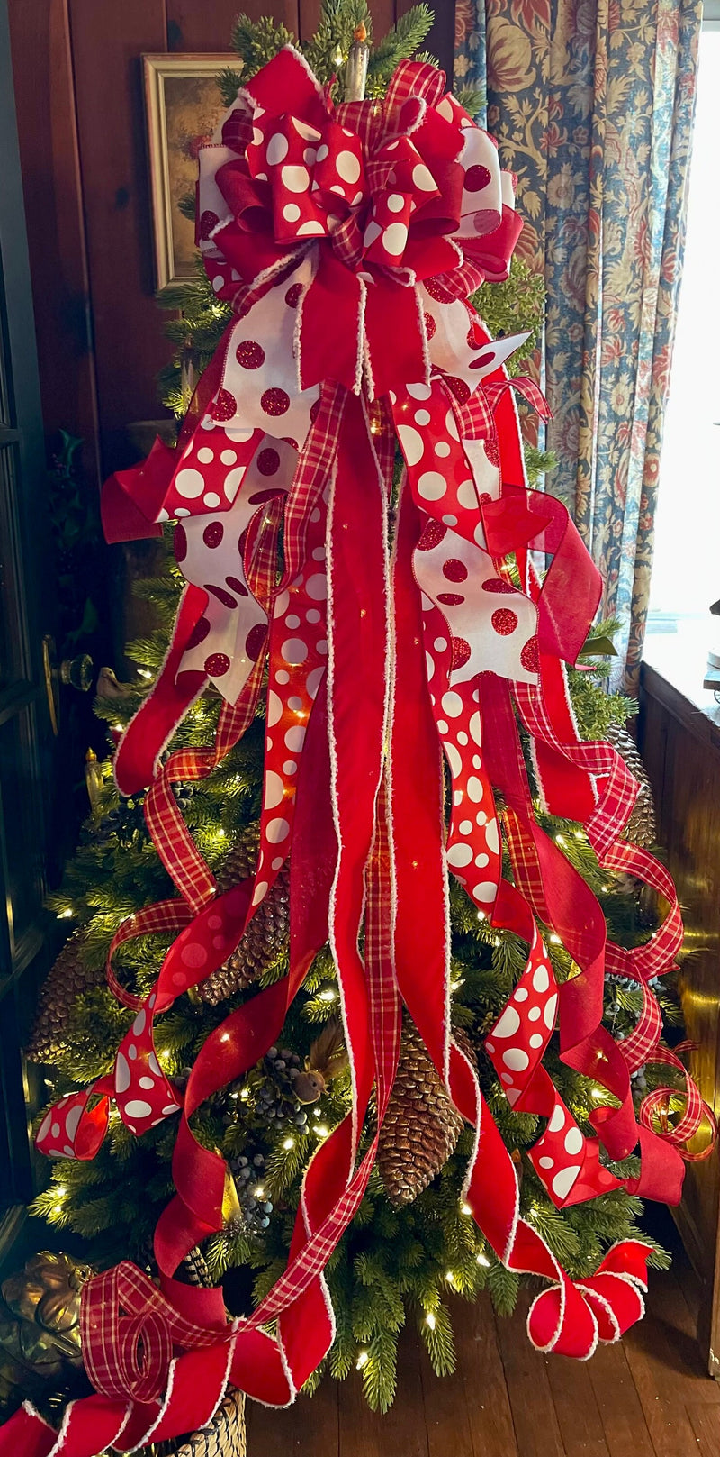 The Minnie Red & White Christmas Tree Topper Bow, Polka dot christmas bow, Deluxe christmas tree topper bow, Christmas tree trimming bow