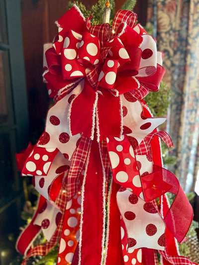 The Minnie Red & White Christmas Tree Topper Bow, Polka dot christmas bow, Deluxe christmas tree topper bow, Christmas tree trimming bow