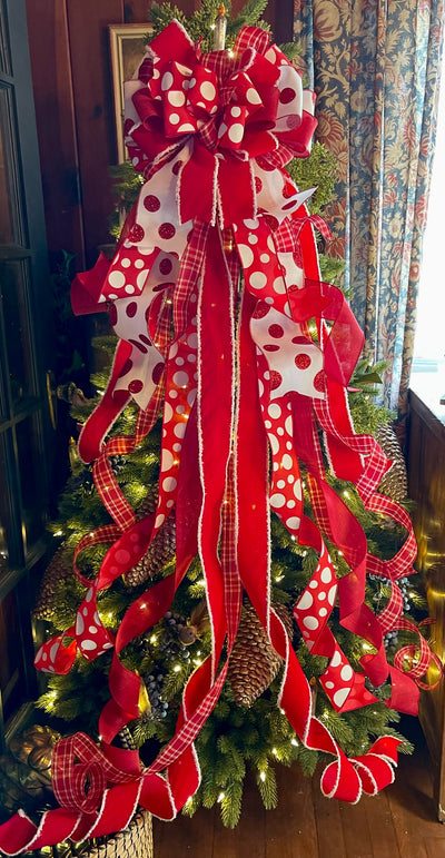 The Minnie Red & White Christmas Tree Topper Bow, Polka dot christmas bow, Deluxe christmas tree topper bow, Christmas tree trimming bow