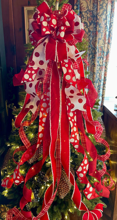 The Minnie Red & White Christmas Tree Topper Bow, Polka dot christmas bow, Deluxe christmas tree topper bow, Christmas tree trimming bow