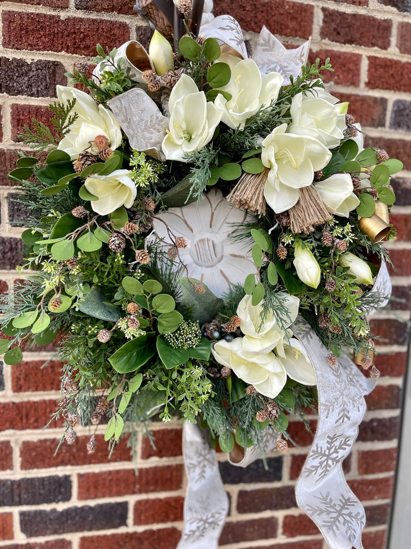 The Lanie White Amaryllis Christmas Wreath For Front Door