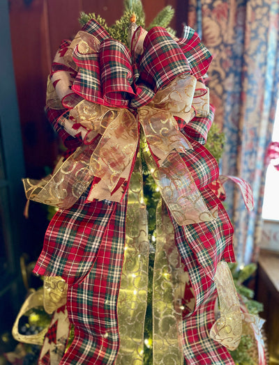 The Amelia Red Green and Gold Christmas Tree Topper Bow