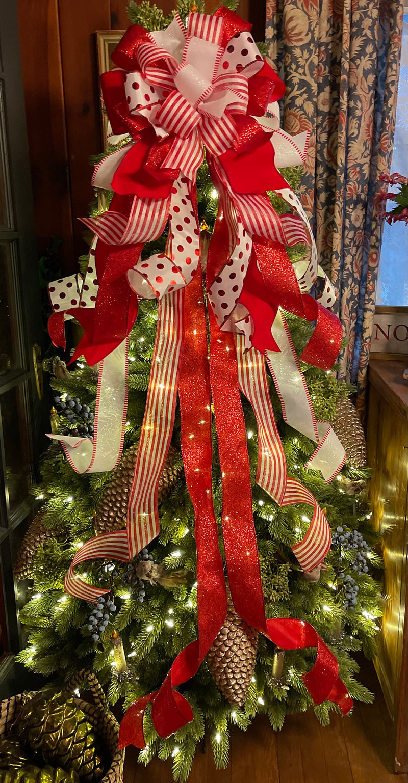 The Kathleen Red & White Christmas Tree Topper Bow