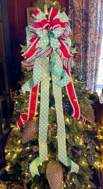 The Mindy Red Mint Green & White Christmas Tree Topper Bow