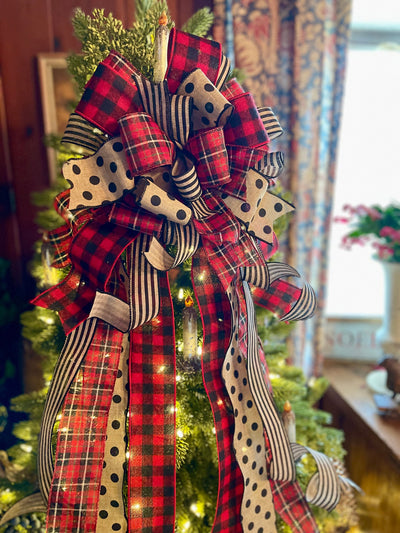 The Abby Buffalo Check Christmas Tree Topper Bow, Black and tan polka dot bow, Red & Black modern farmhouse tree topper, tree trimming