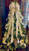 The Marilyn Gold & white Christmas Tree Topper Bow, White bow for tree, Xmas bow, tree trimming bow, long streamer bow, mailbox decor