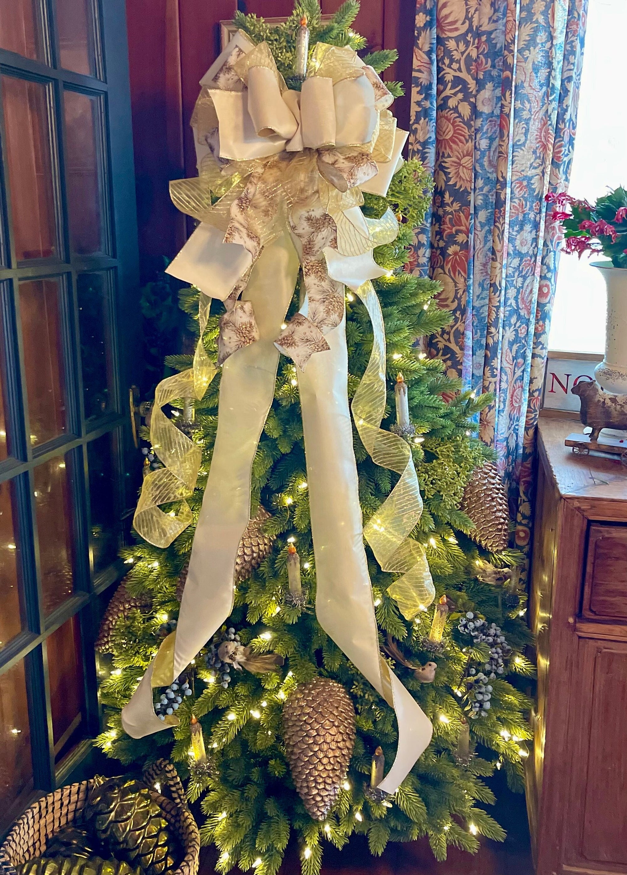 The Melody Ivory & Gold Christmas Tree Topper Bow, luxury ribbon topper, XL bow topper for christmas tree, cream and gold topper for tree