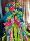 The Lourdes Hot Pink & Lime Green Christmas Tree Topper Bow