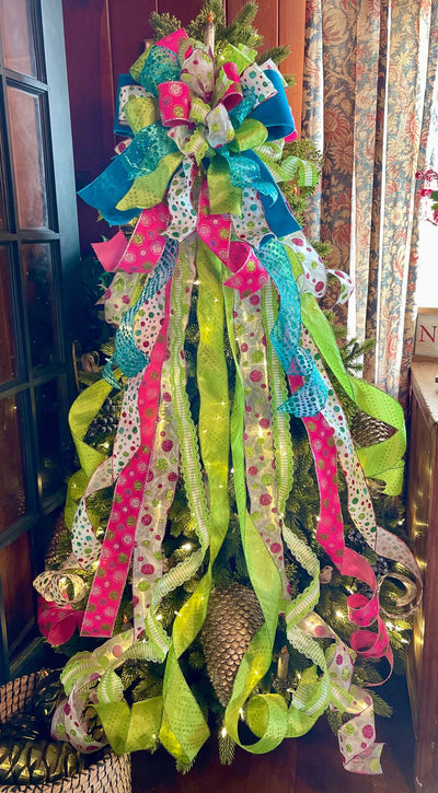 The Lourdes Hot Pink & Lime Green Christmas Tree Topper Bow