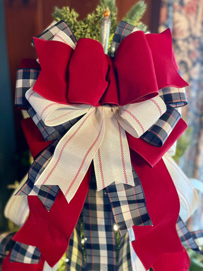 The Leah Burgundy Navy & Cream Plaid Christmas Tree Topper Bow