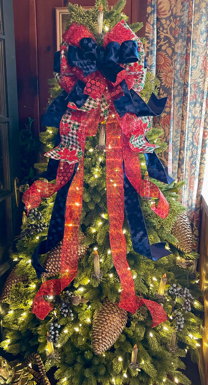 The Jenna Navy Blue Red Christmas Tree Topper Bow