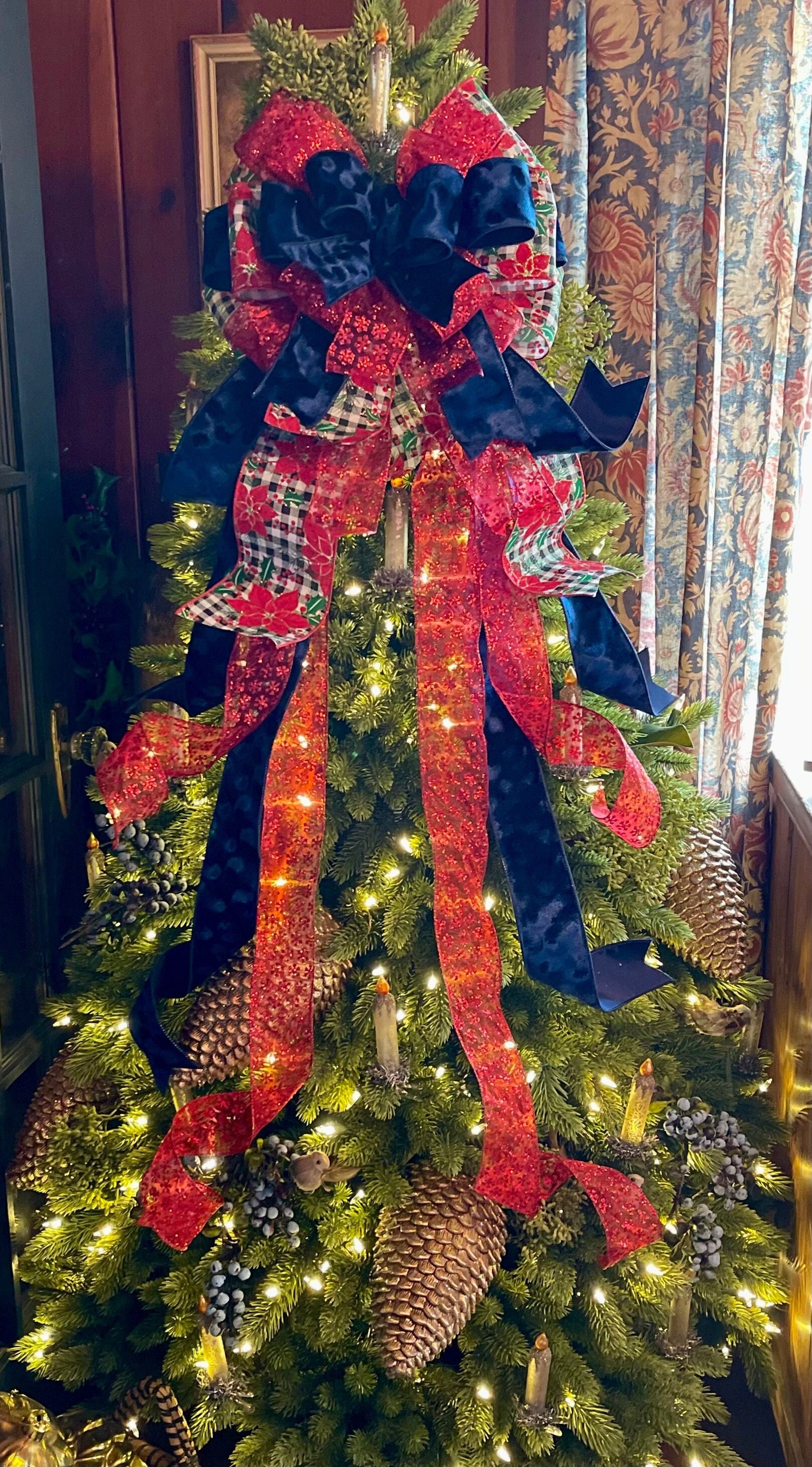The Jenna Navy Blue Red Christmas Tree Topper Bow