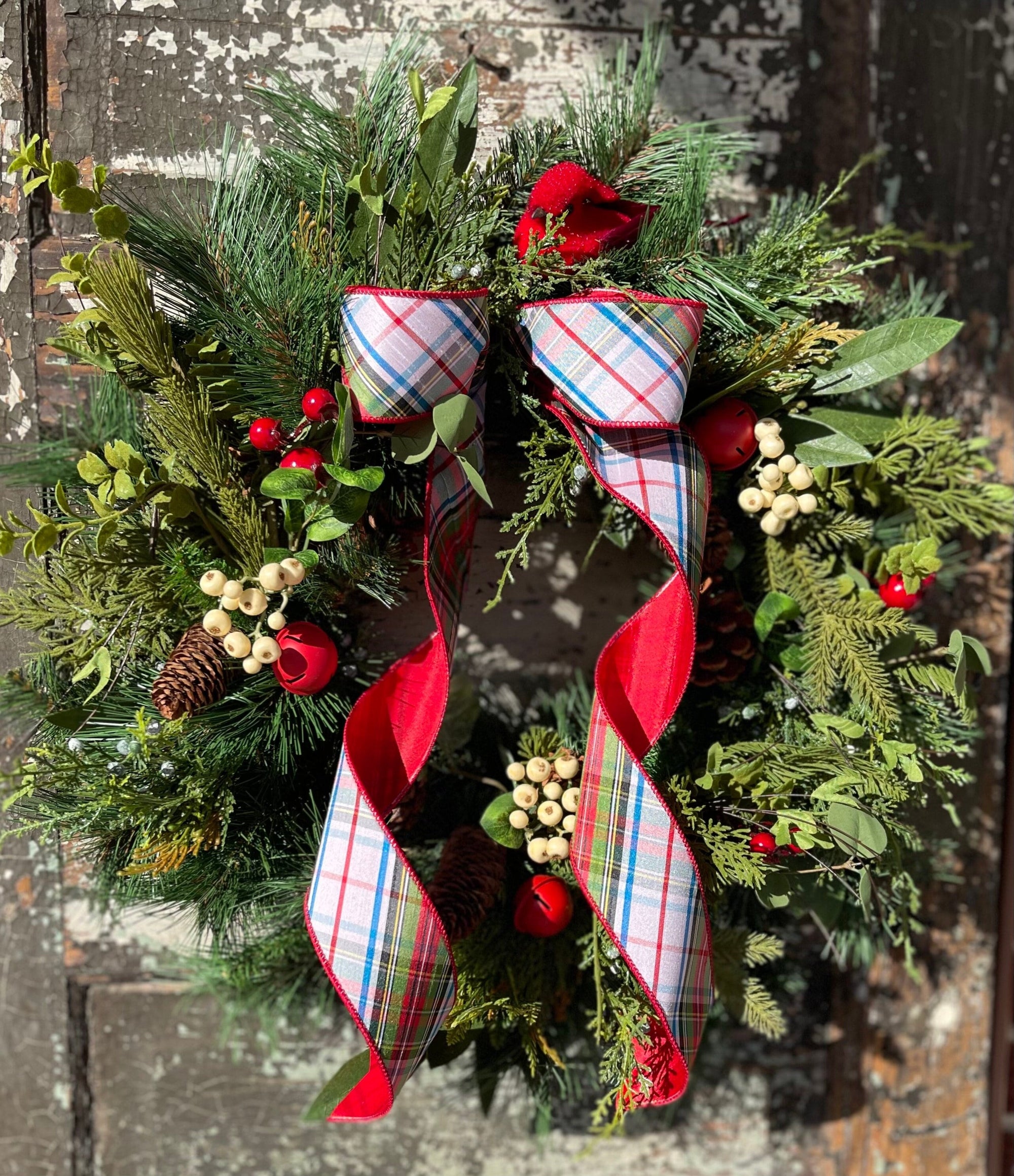 The Mary Winter Rustic Red & White Evergreen Christmas Wreath For Front Door