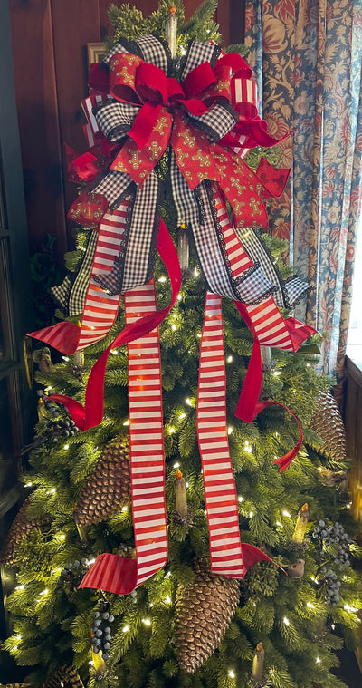 The Hansel Red Black & White Gingerbread Christmas Tree Topper Bow