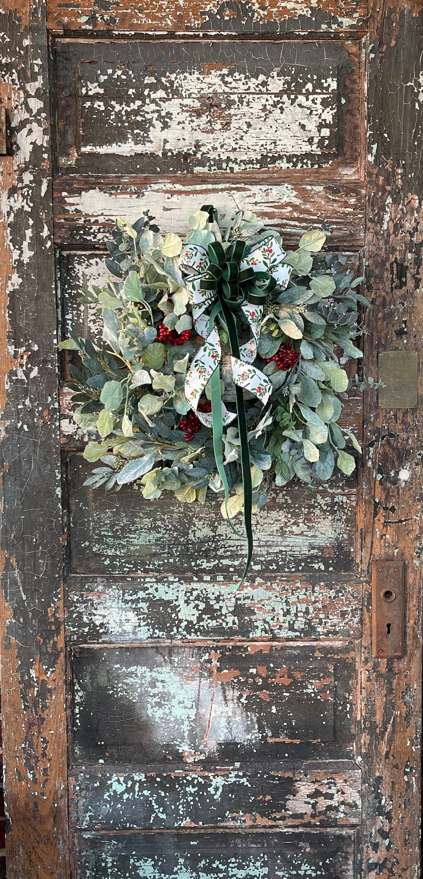 The Tess Eucalyptus Lambs Ear Christmas Wreath with Berries & Bell
