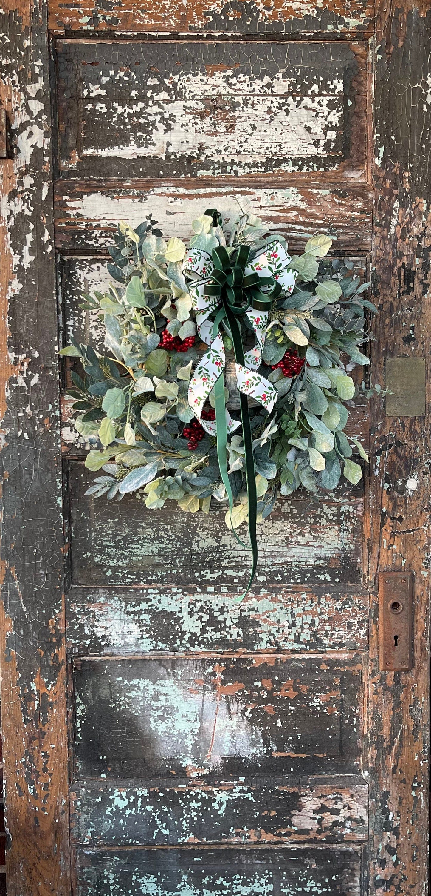 The Tess Eucalyptus Lambs Ear Christmas Wreath with Berries & Bell