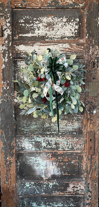 The Tess Eucalyptus Lambs Ear Christmas Wreath with Berries & Bell