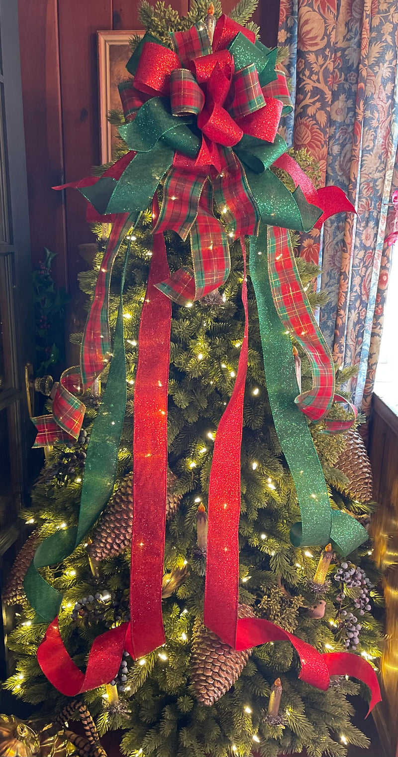 The Elaine Red Green & Gold Christmas Tree Topper Bow