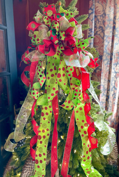 The Joy Red & Lime Green Polka Dot Christmas Tree Topper Bow