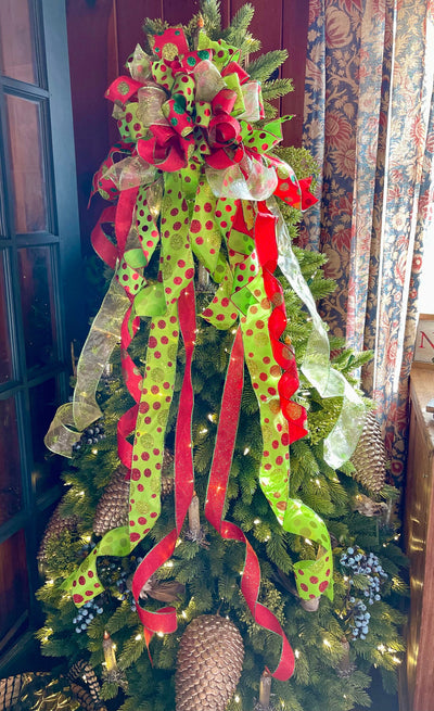 The Joy Red & Lime Green Polka Dot Christmas Tree Topper Bow