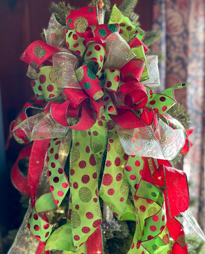 The Joy Red & Lime Green Polka Dot Christmas Tree Topper Bow