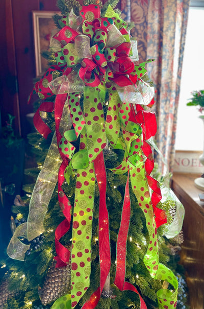 The Joy Red & Lime Green Polka Dot Christmas Tree Topper Bow