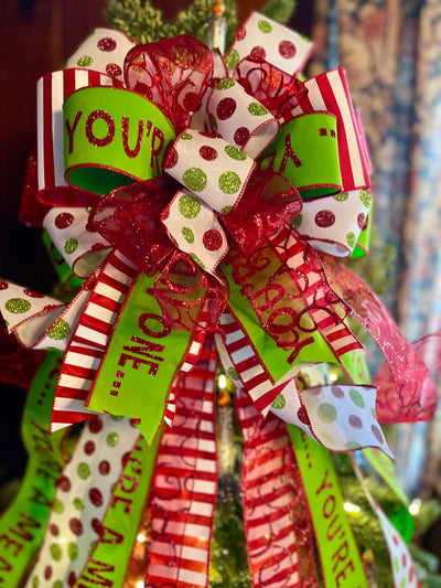 The Martha Mae Red & Lime Green Whimsical Christmas Tree Topper Bow