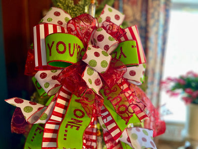 The Martha Mae Red & Lime Green Whimsical Christmas Tree Topper Bow