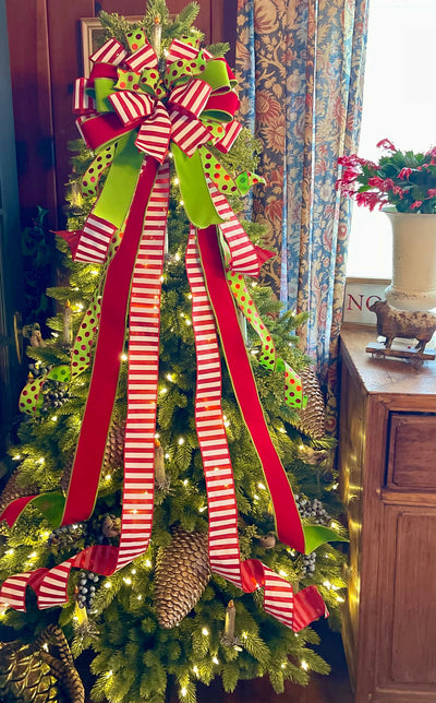 The Augustus Red & Lime Green Whimsical Christmas Tree Topper Bow