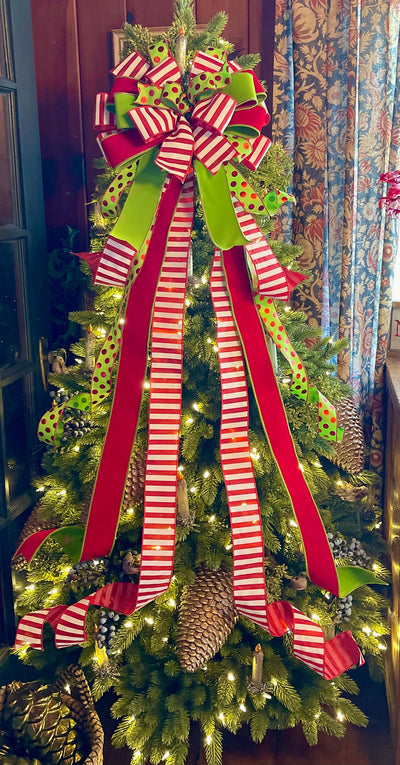 The Augustus Red & Lime Green Whimsical Christmas Tree Topper Bow