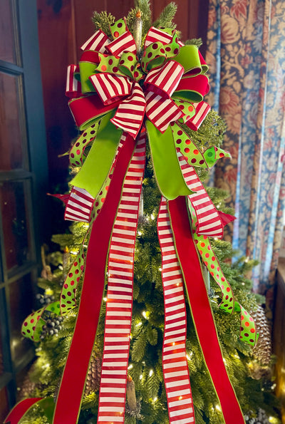 The Augustus Red & Lime Green Whimsical Christmas Tree Topper Bow