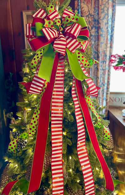 The Augustus Red & Lime Green Whimsical Christmas Tree Topper Bow