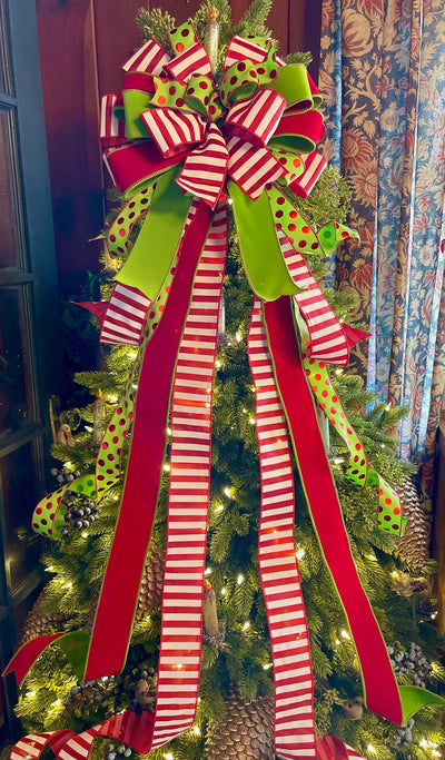 The Augustus Red & Lime Green Whimsical Christmas Tree Topper Bow