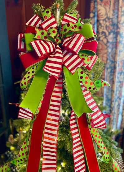 The Augustus Red & Lime Green Whimsical Christmas Tree Topper Bow