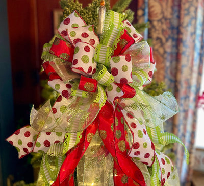 The Roxy Red & Lime Green Whimsical Christmas Tree Topper Bow, bow for wreath, long streamer bow, Grinch bow, tree trimming bow