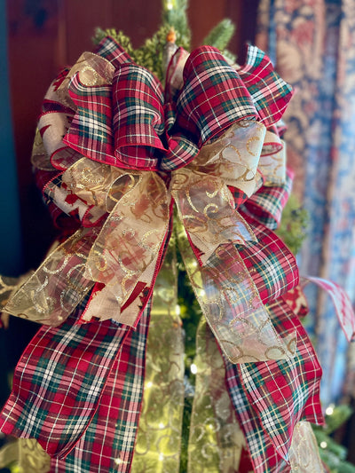 The Amelia Red Green and Gold Christmas Tree Topper Bow