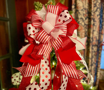 The Kathleen Red & White Christmas Tree Topper Bow