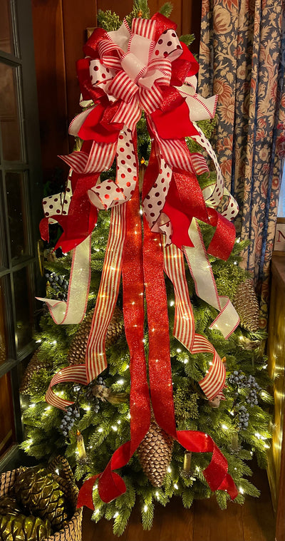 The Kathleen Red & White Christmas Tree Topper Bow