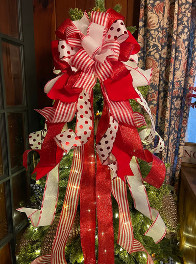 The Kathleen Red & White Christmas Tree Topper Bow