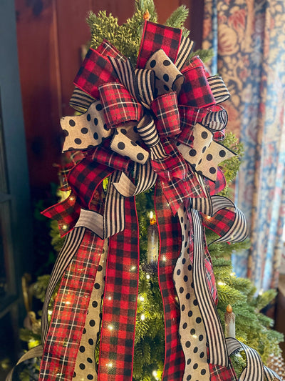 The Abby Buffalo Check Christmas Tree Topper Bow, Black and tan polka dot bow, Red & Black modern farmhouse tree topper, tree trimming