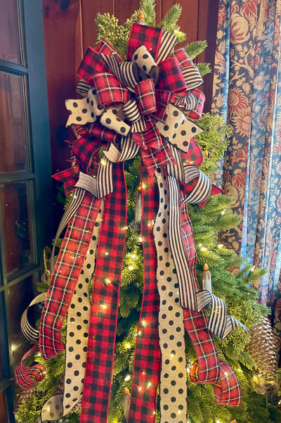 The Abby Buffalo Check Christmas Tree Topper Bow, Black and tan polka dot bow, Red & Black modern farmhouse tree topper, tree trimming