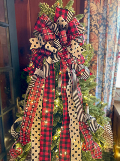 The Abby Buffalo Check Christmas Tree Topper Bow, Black and tan polka dot bow, Red & Black modern farmhouse tree topper, tree trimming